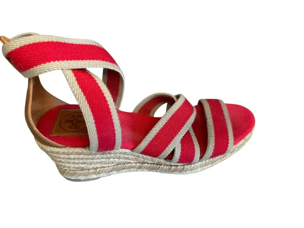Tory Burch Canvas Wedge Espadrille Sandals Red Tan 7